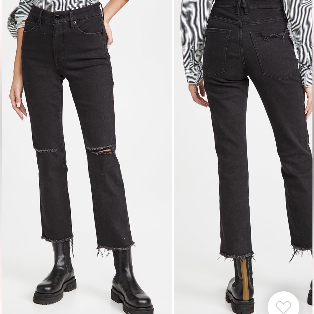 Good American Black Ripped Straight leg ankle jeans